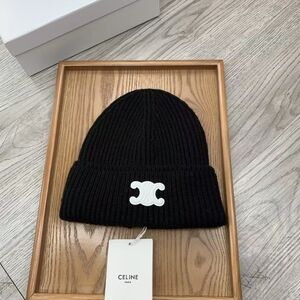Celine Triomphe Ribbed Knit Beanie in Black